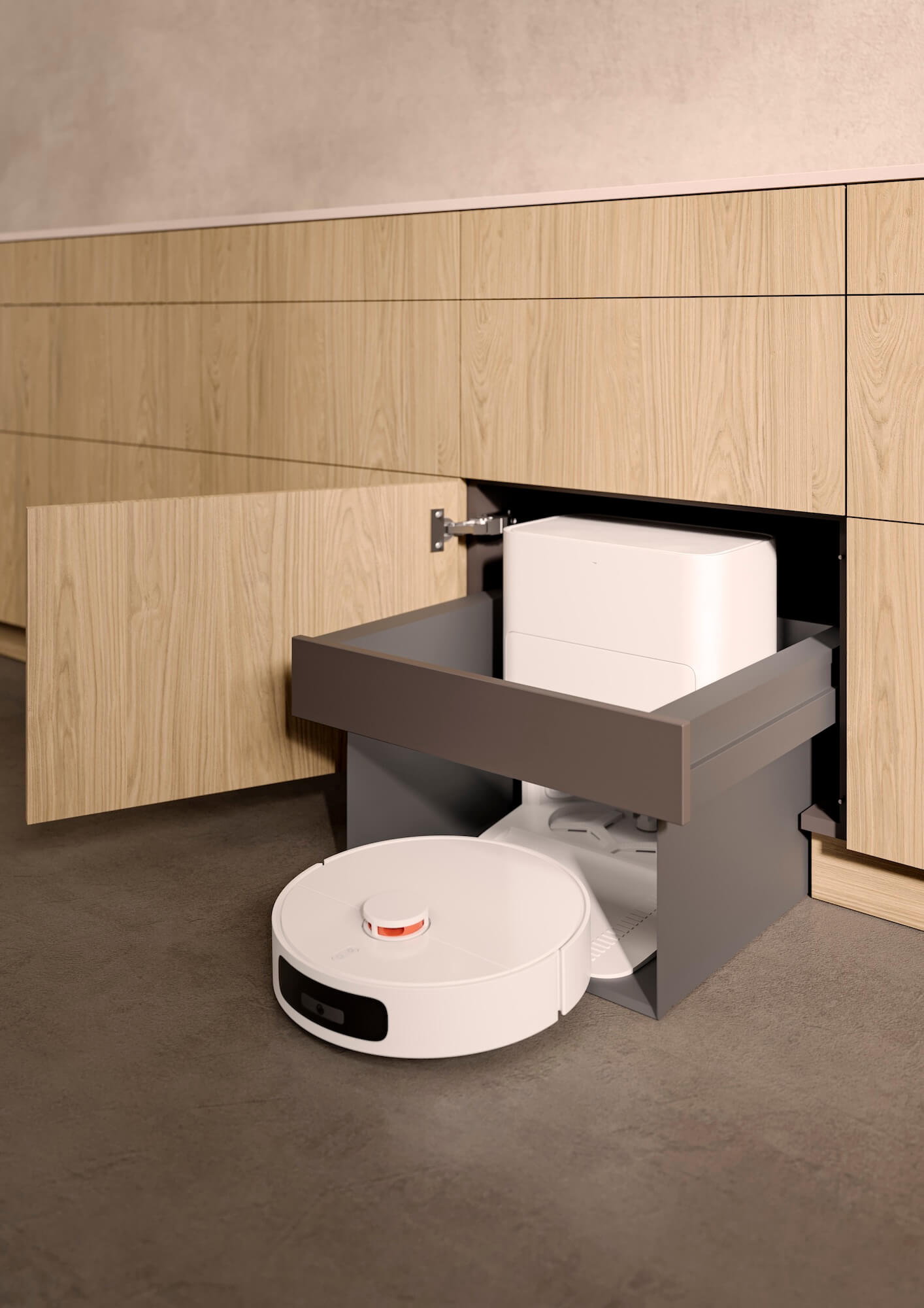 LEICHT cleverer Stauraum_Saugroboter-Schrank