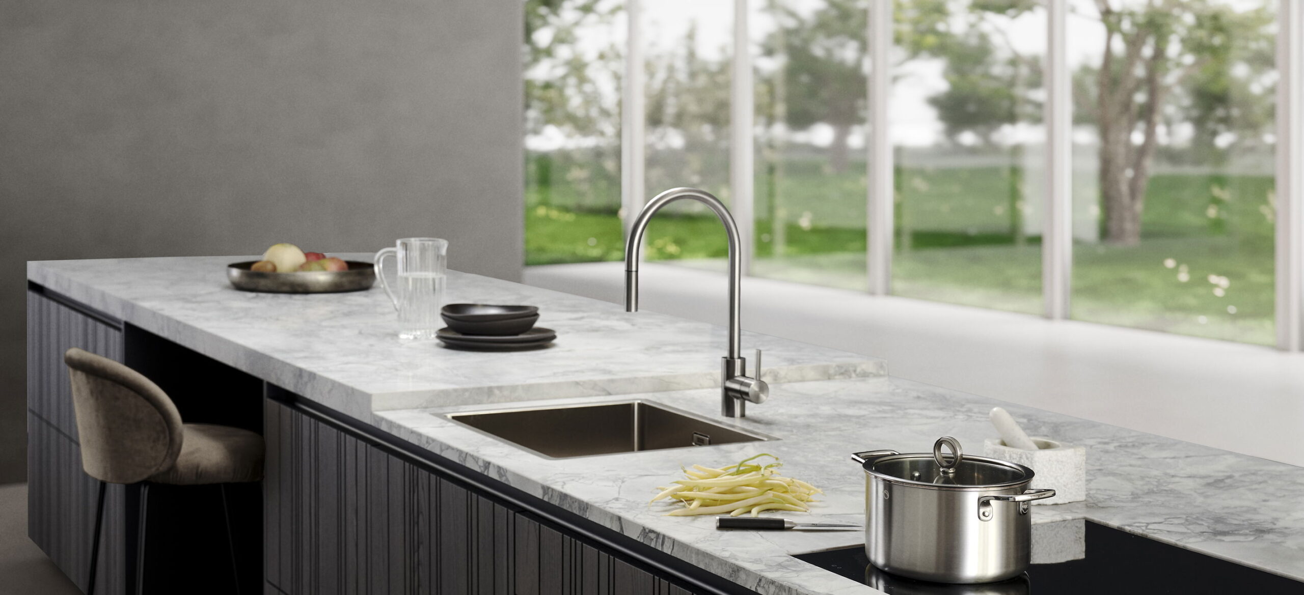 Leicht Bahia Designküche mit Insel und Natursteinarbeitsplatte