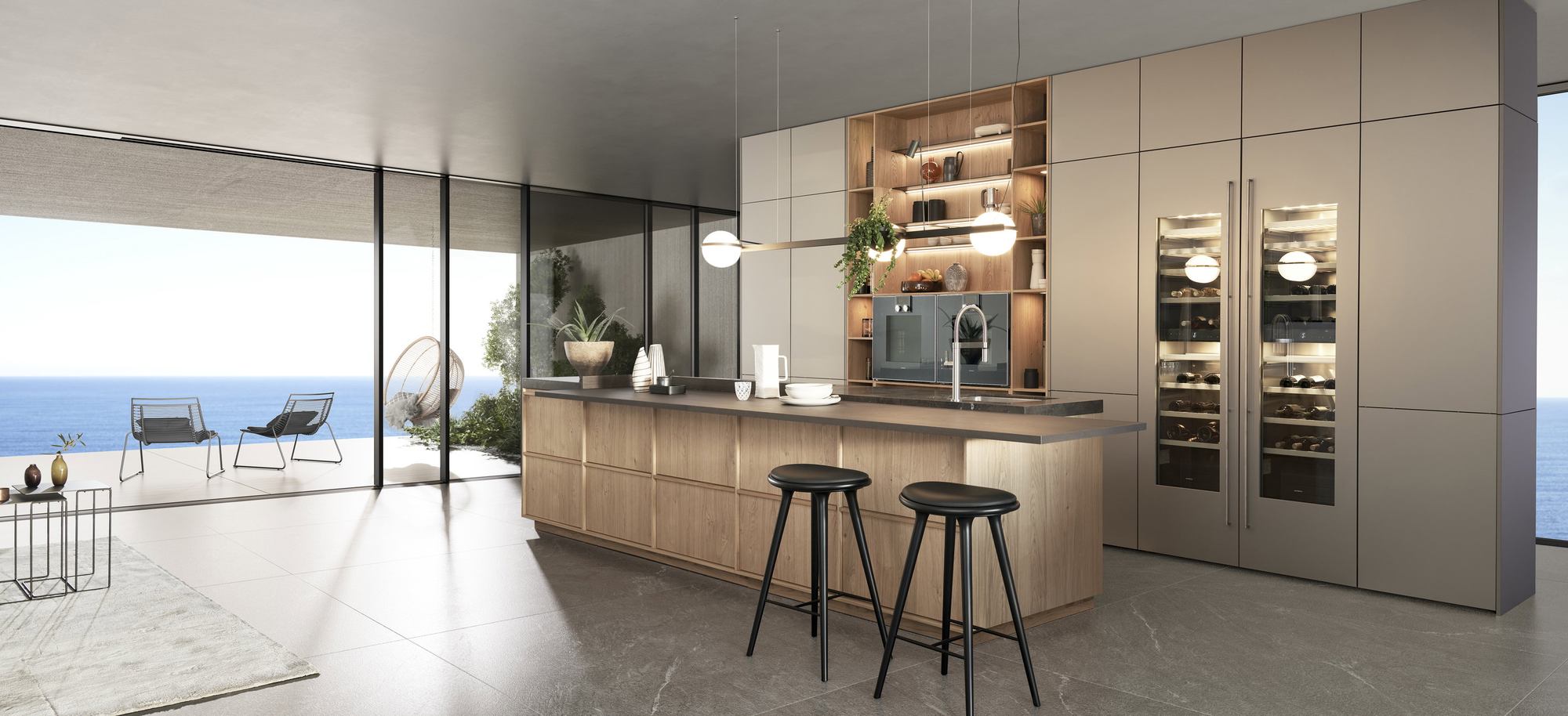 Leicht Design Inselküche Kyoto Pearl Kücheninsel mit Weinklimaschränken