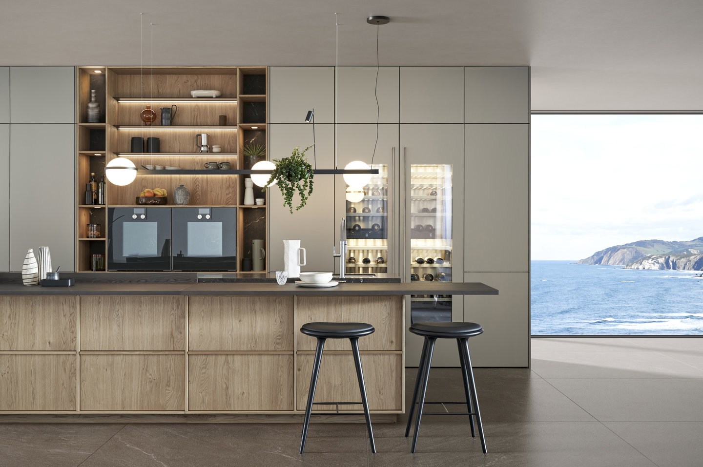 Leicht Design Inselküche Kyoto Pearl Schrankwand mit Backofen und Weinschrank