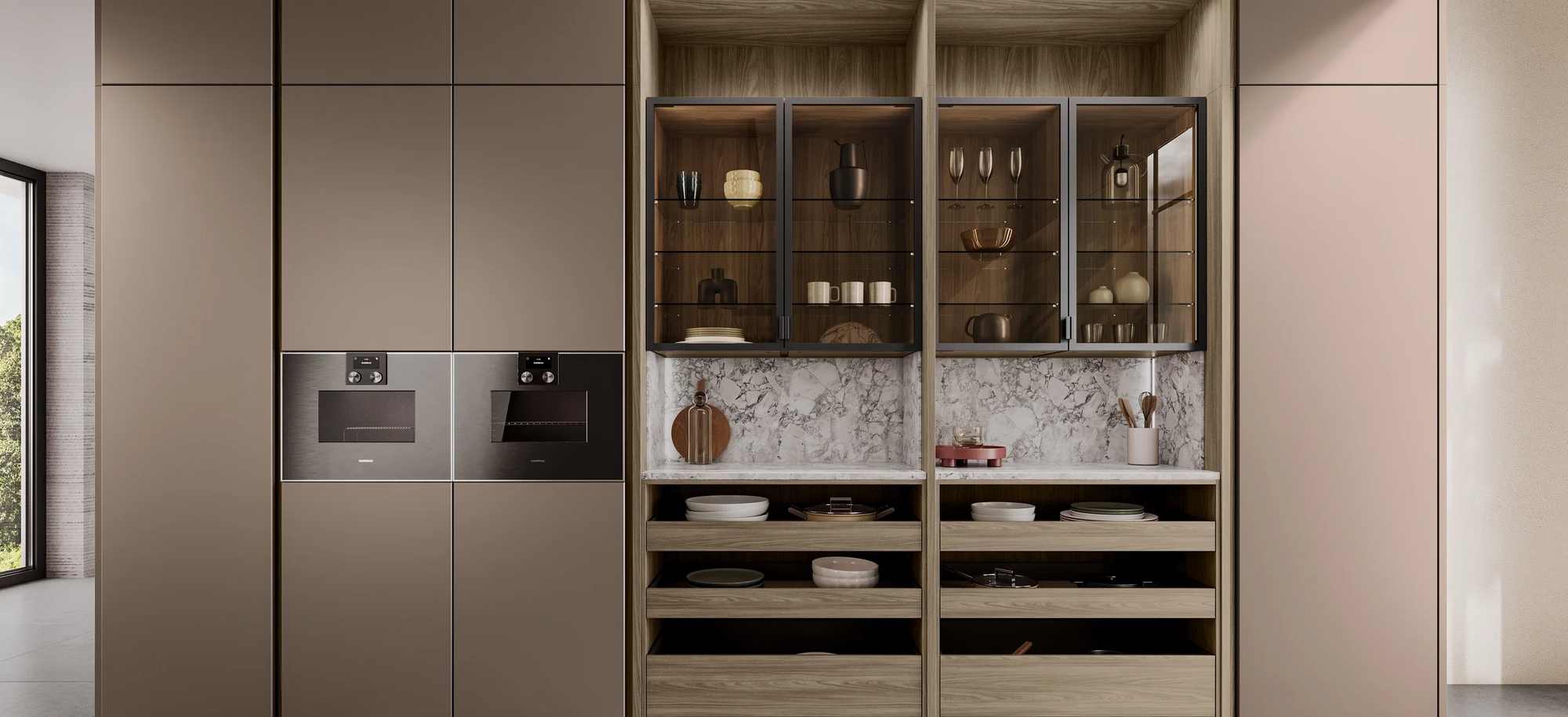 Leicht Design Inselküche Idea Orlando Hochschrank mit Backofen und Dampfgarer