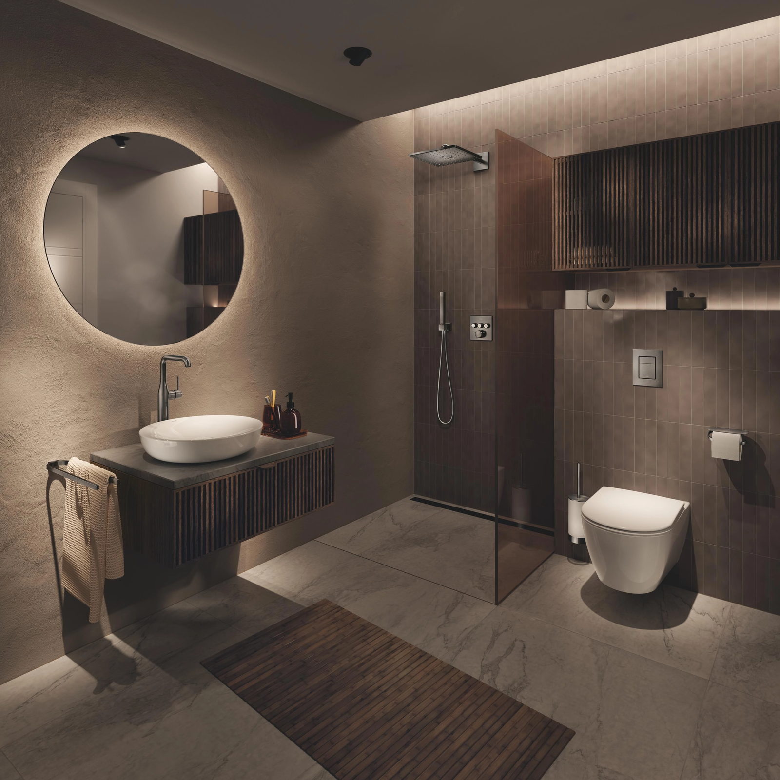 badezimmer-modern-walk-in-dusche-rundspiegel-holzlamellen-grohe-armatur
