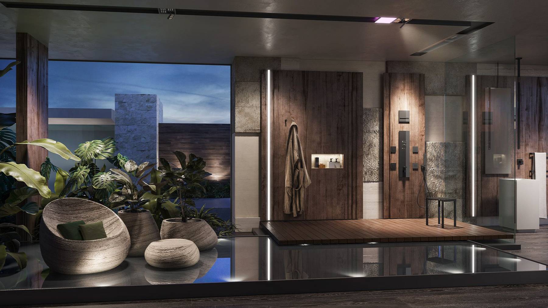 Gessi Wellnessbad mit Duschbereich und Pflanzen
