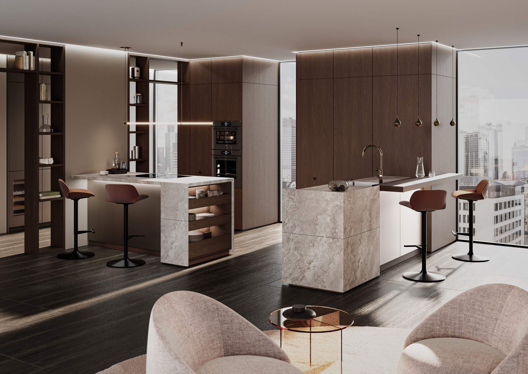 Innovationen bei Leicht 2027 Fronten SYNTHIA in mogano teak und METURO in bronze bei UHL Schöner Leben