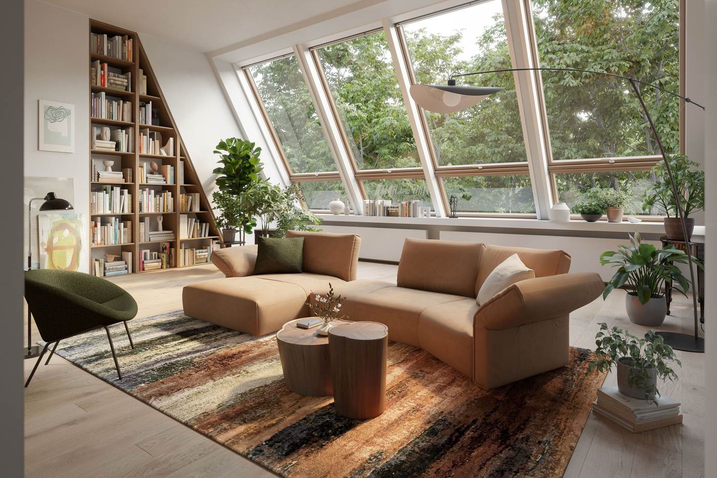 Walter Knoll Molamisa Sofa in Cognac unter einer Dachschräge