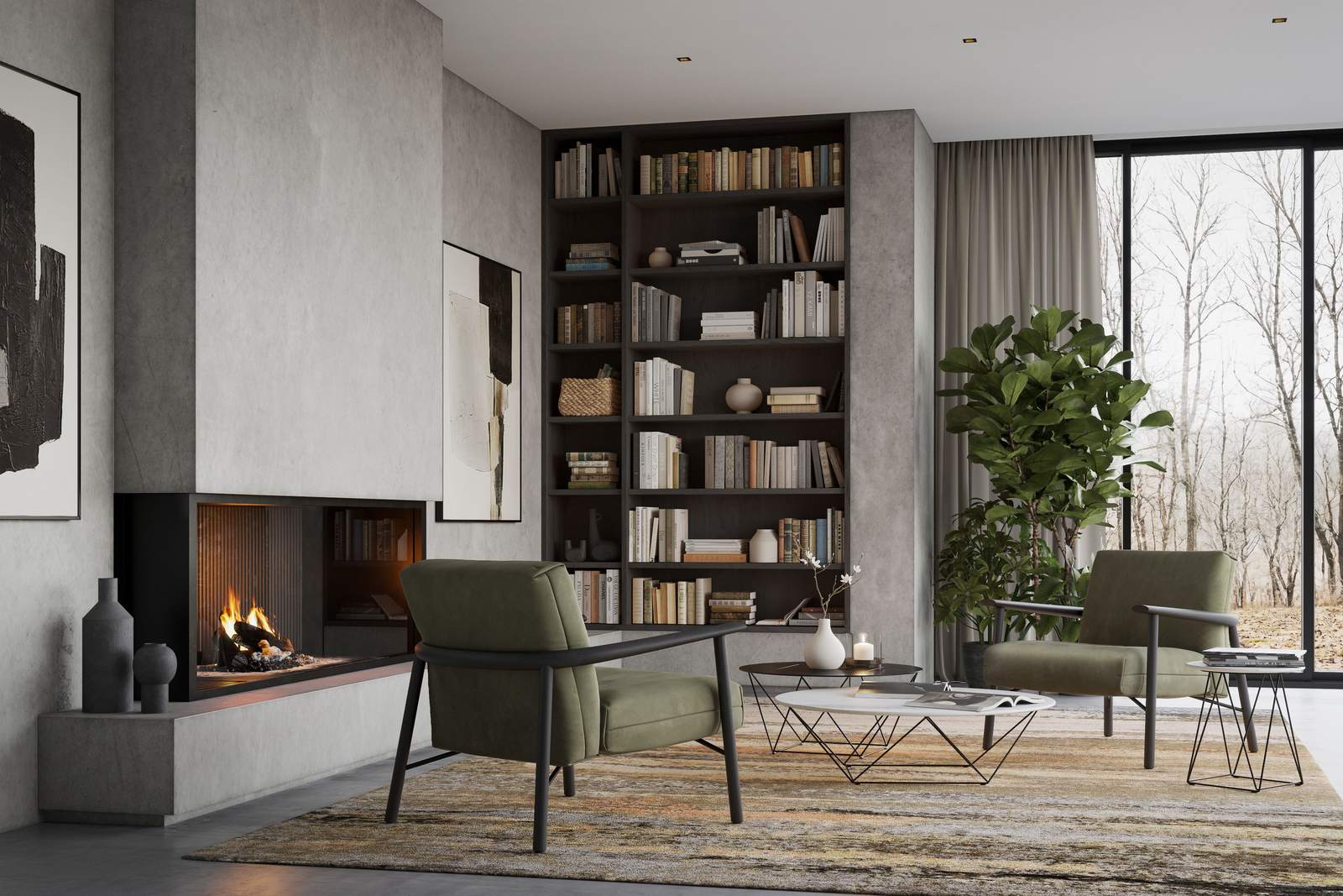 Walter Knoll Samay Armchair aus Holz neben einem Kamin